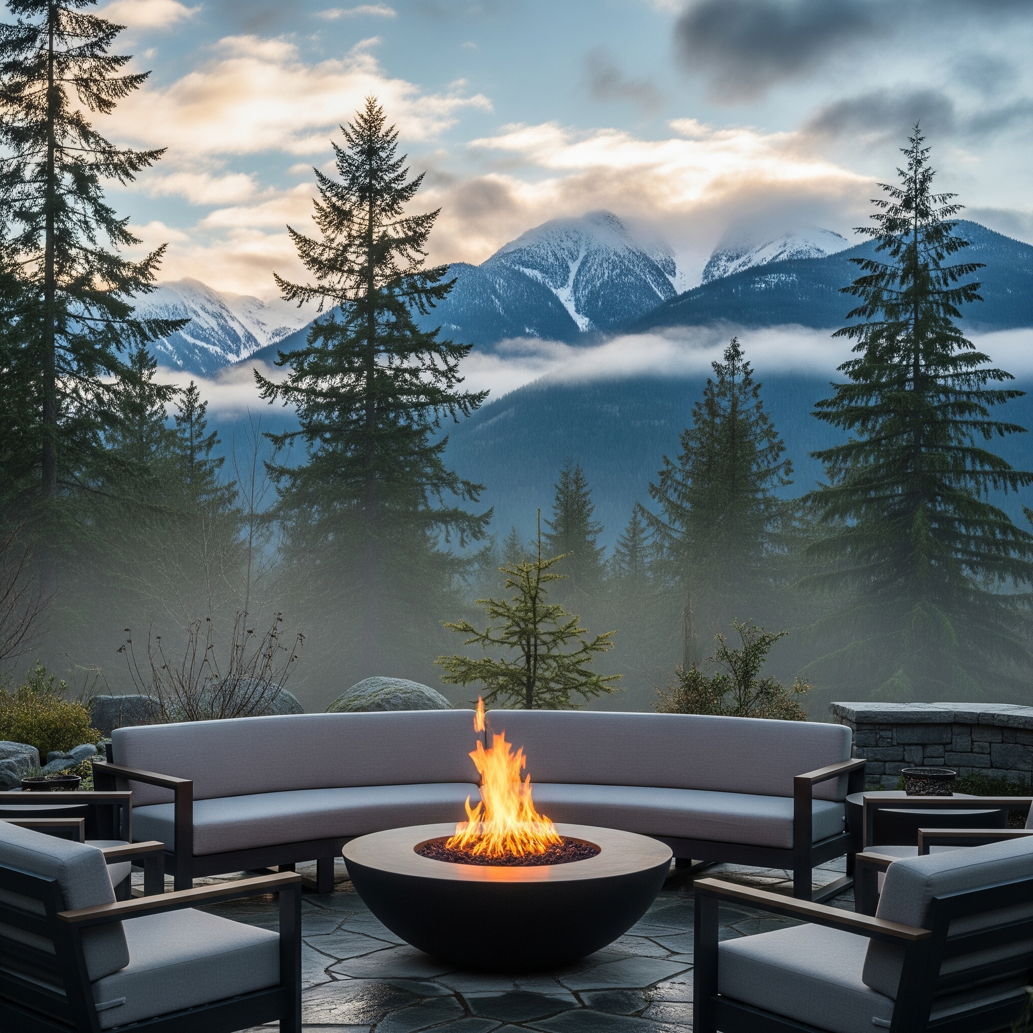 A round concrete fire bowl as a centerpiece for outdoor chairs.