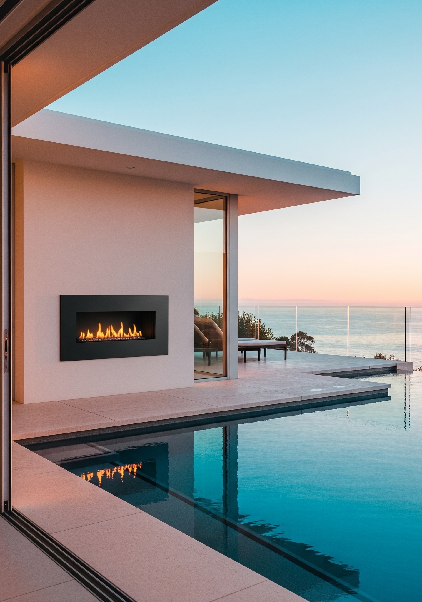 A modern architectural home with a linear fireplace