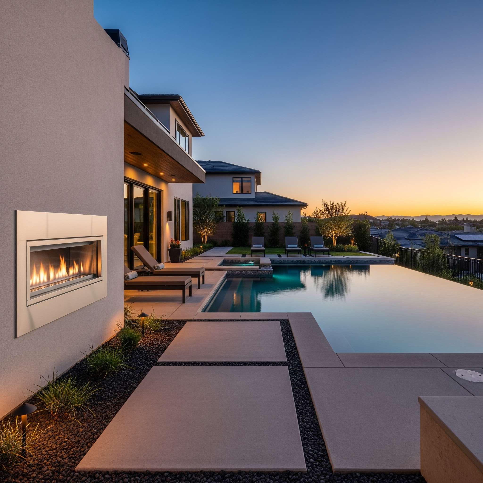 A long, sleek linear fireplace on a modern patio.